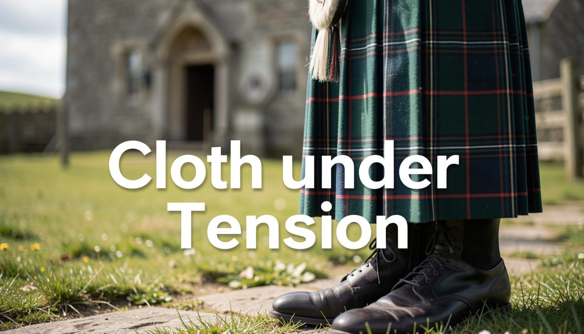 A length of white sailcloth beside a folded tartan kilt on a workbench, both showing their weave