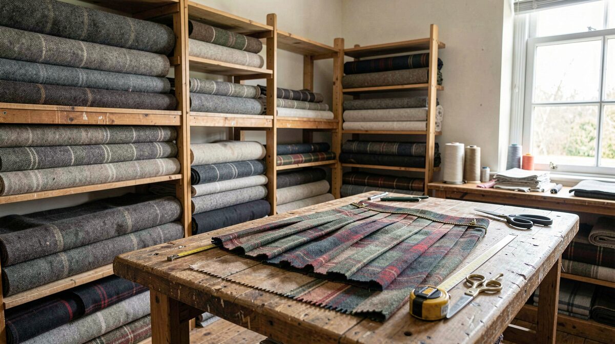 Bolts of tartan cloth stacked on wooden shelves in a tailoring workshop, a pleated kilt on the bench with a tape measure and shears